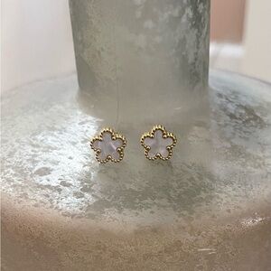 Gold and White Flower Stud Earrings